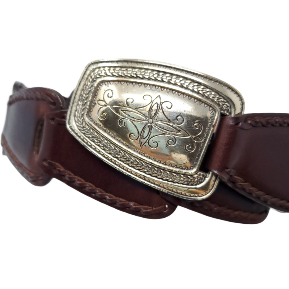 Brighton Cordovan Connected Leather Belt M Silver Tone Etched Buckle